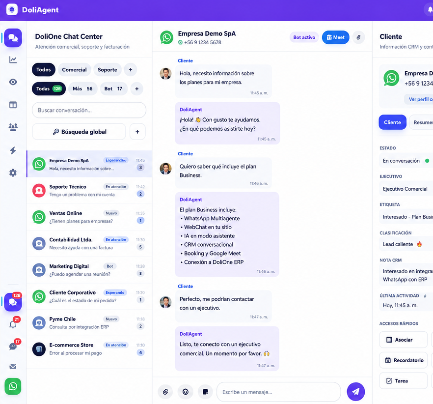 Interfaz de DoliAgent con conversaciones, chat y contexto CRM